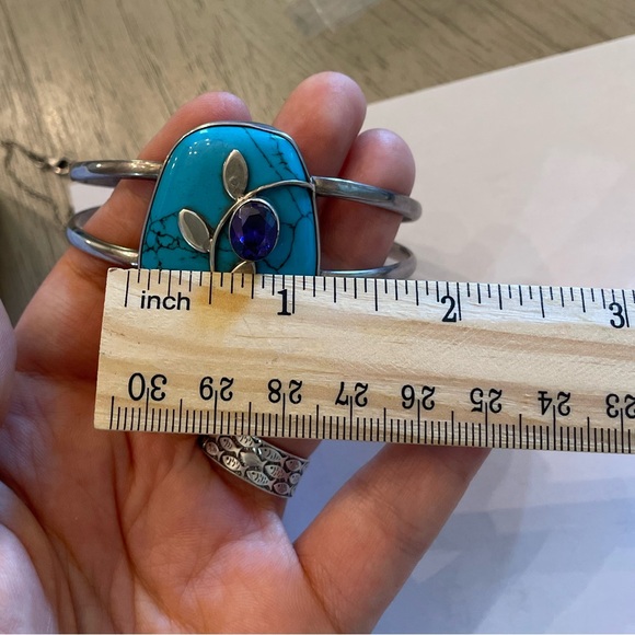 Vintage Sterling Silver Cuff Bracelet with Turquoise-Style Stone & Amethyst - Picture 9 of 10